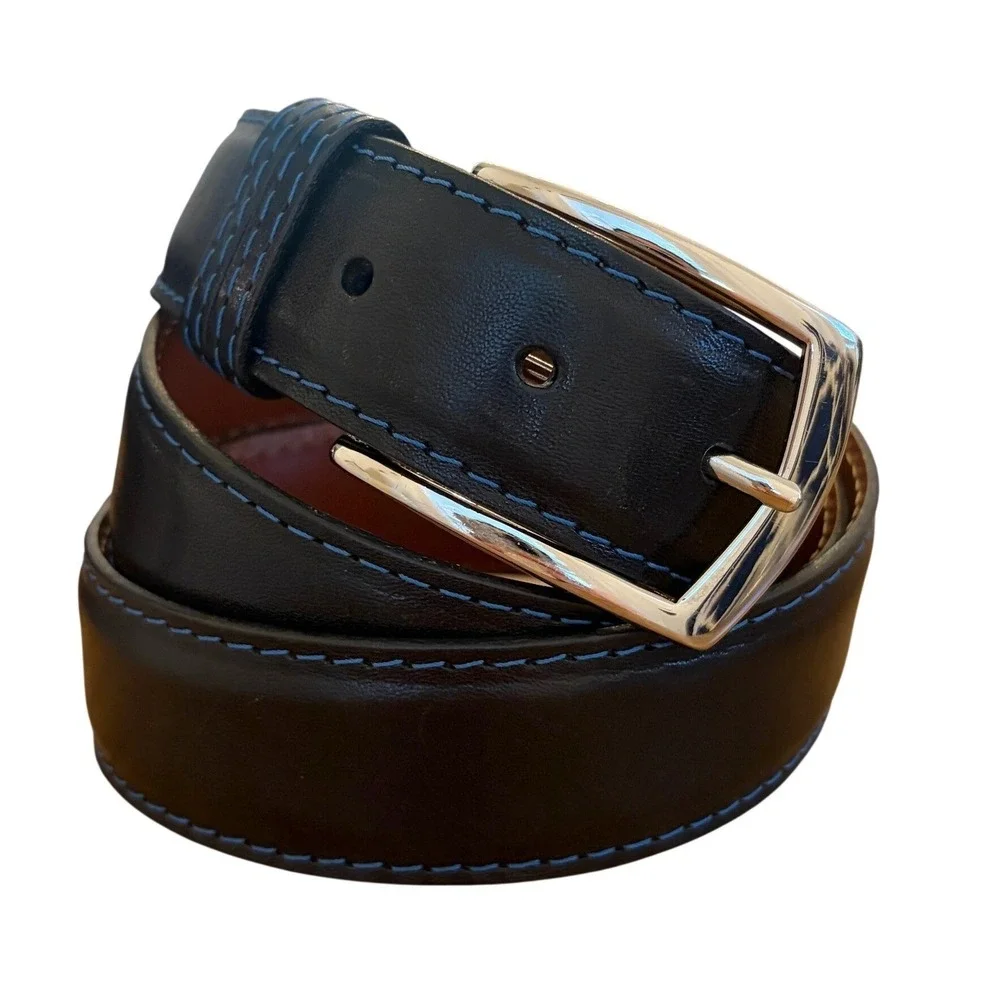 J Hilburn Leather Belt Mens 39 Italian Calfskin Leather Black Blue Stitching USA